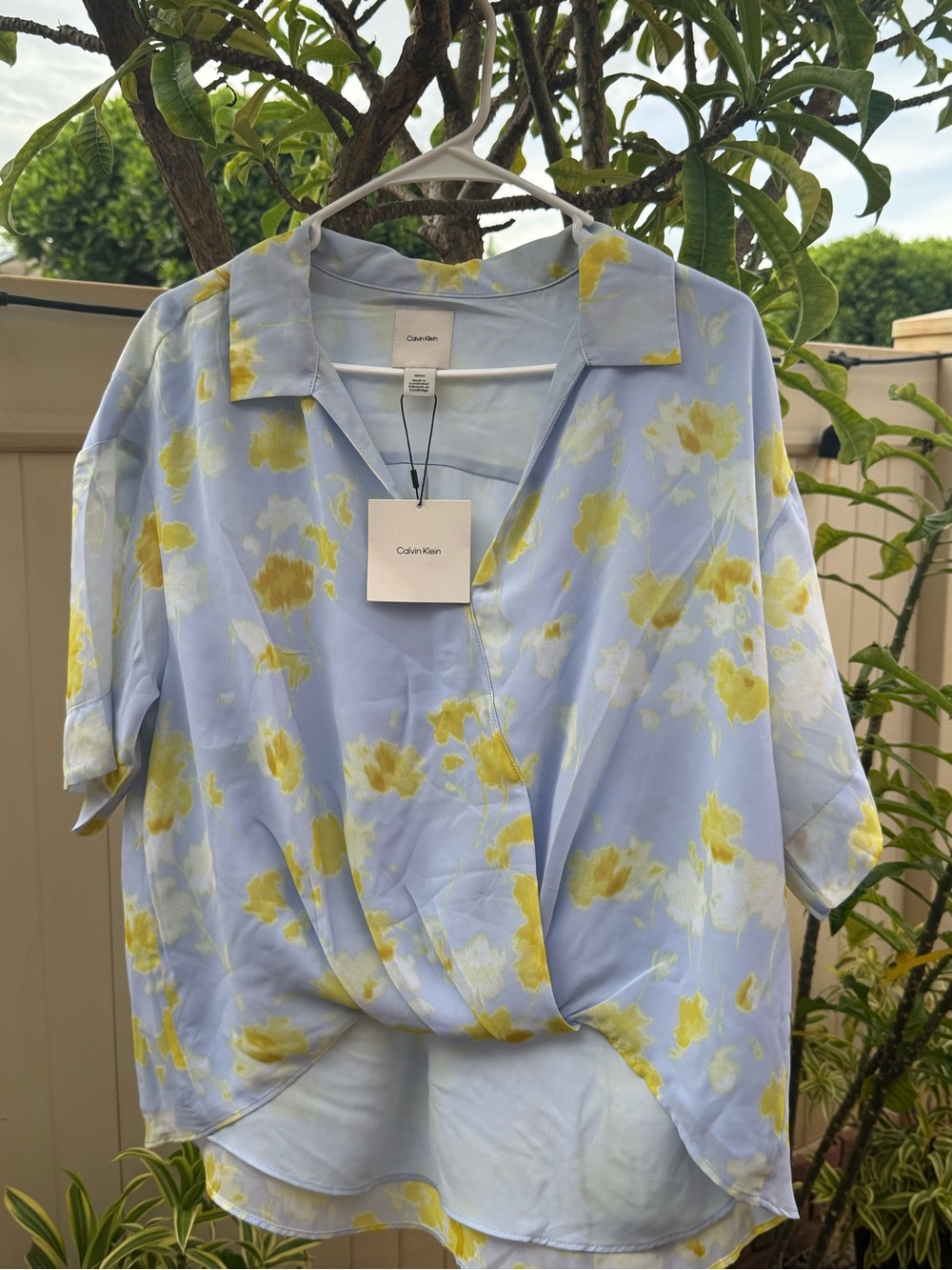 Calvin Klein Light Blue and Yellow Floral Wrap Blouse